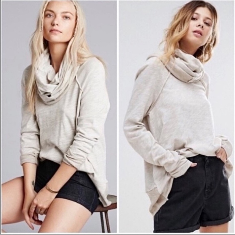 Free People Beach Cocoon Cowlneck Pullover Sweater Beige Cotton Long Sleeve OS